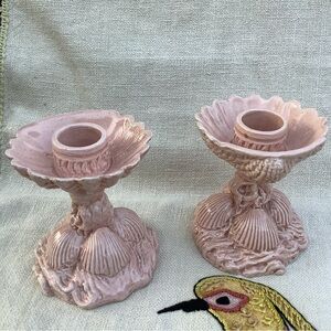 Vintage Italian Pink Ceramic Seashell Clam Shell Candlesticks Candle Holders